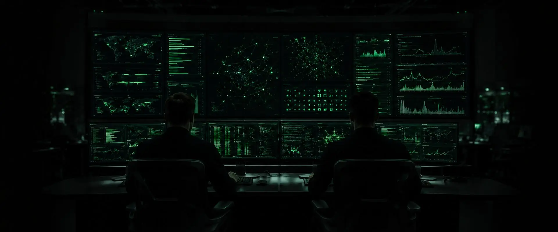 Security operations center analysts in front of a wall of screens